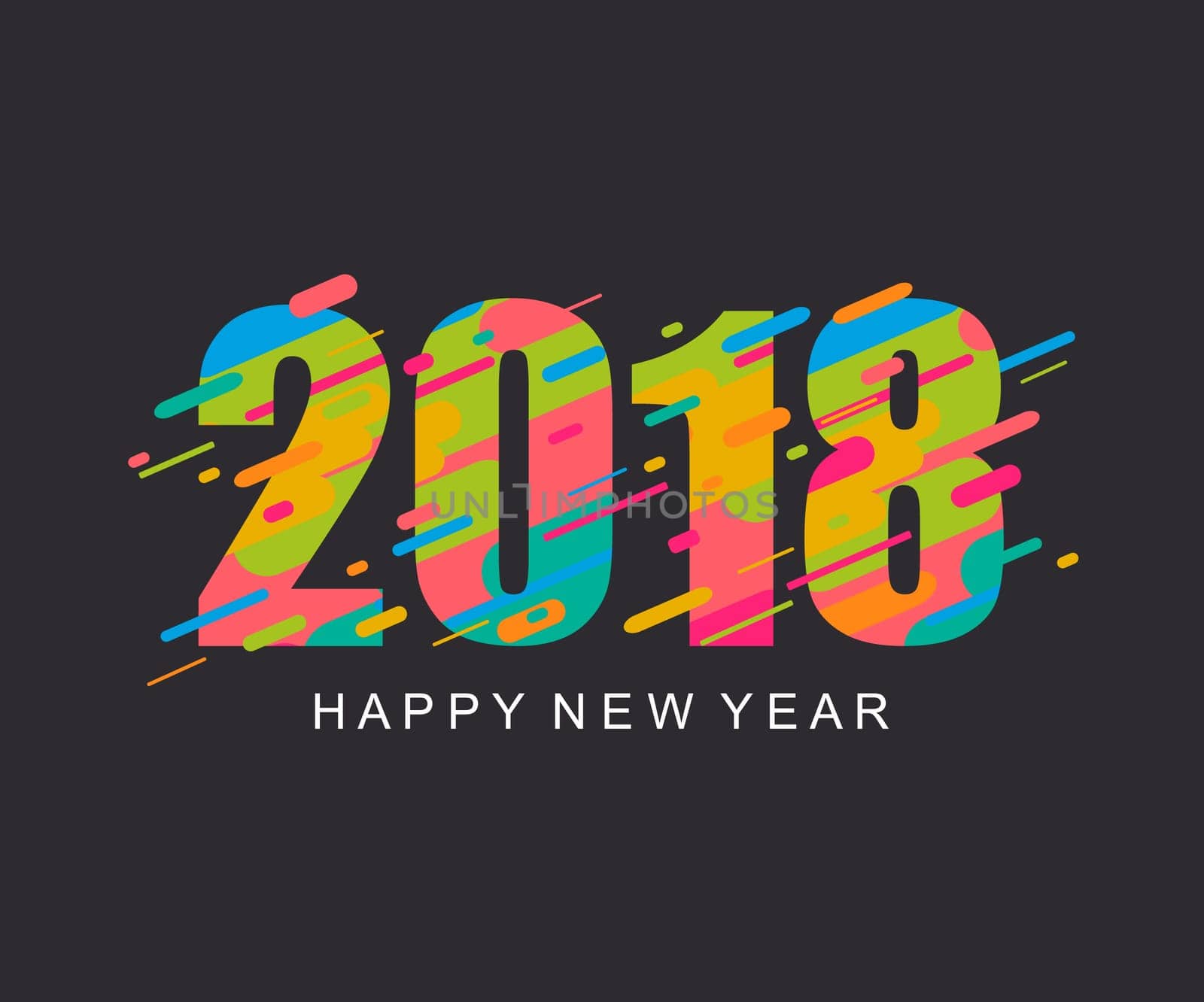 Modern colorful, bright and creative happy new year 2018 design card. Vector illustration.