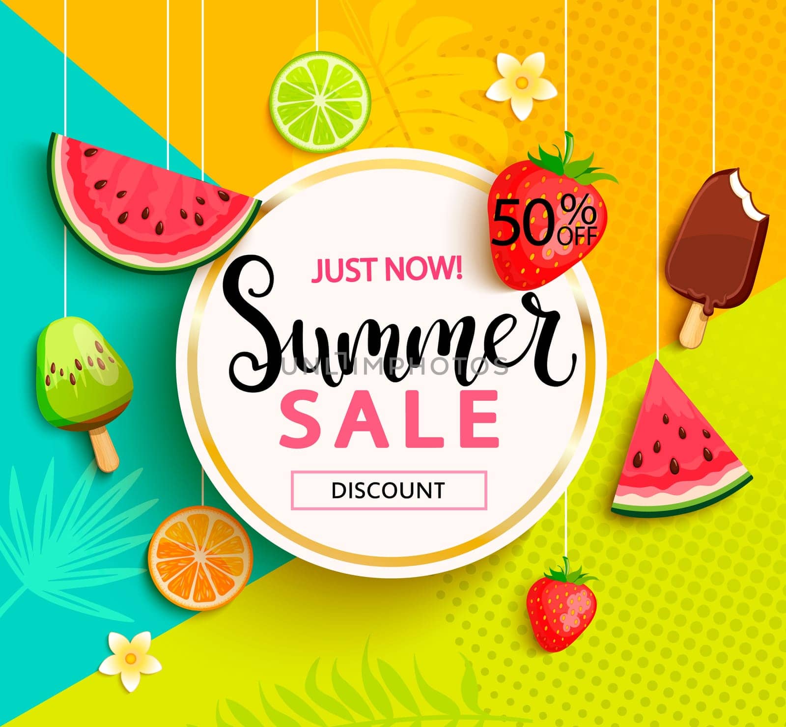 Summer geometric sale with fruits. Vector illustration.