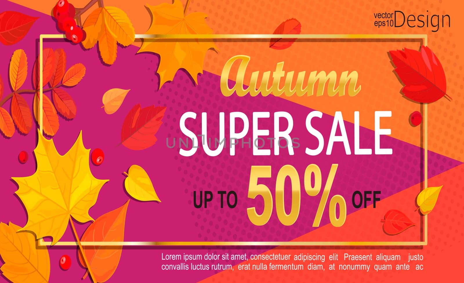 Bright geometric golden autumn super sale banner. Vector illustration.
