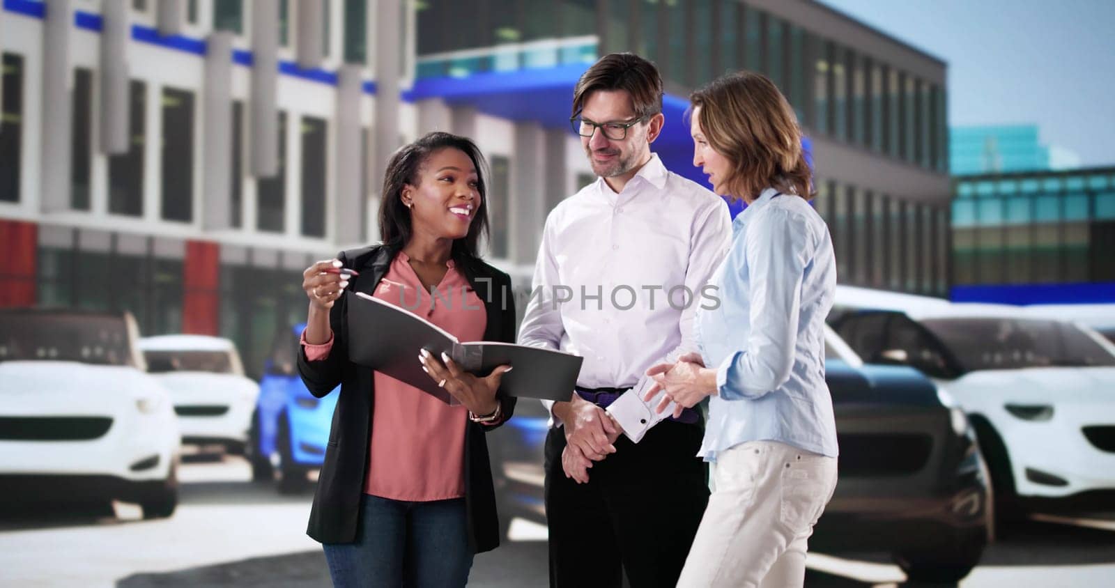 Customers choosing new car with dealer at dealership showroom.  Family discussing terms with finance manager for contract signing.