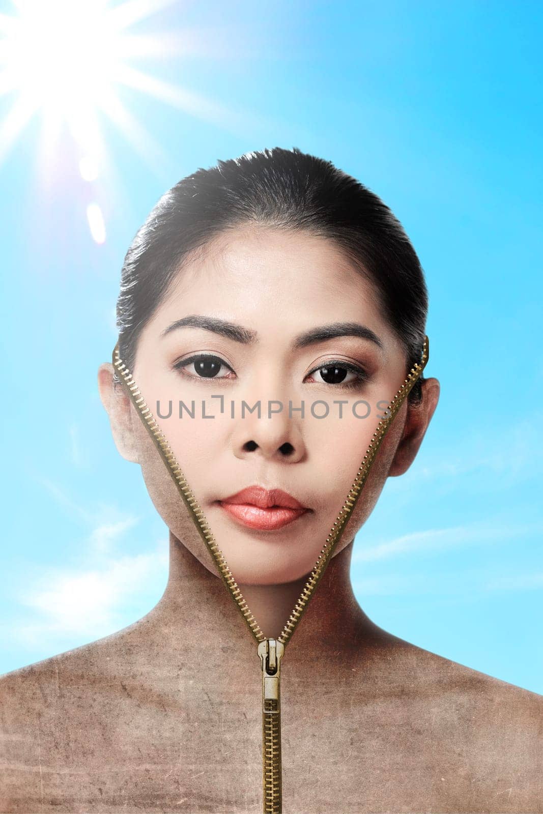 Beautiful woman changing skin, beauty concept,close up over blur background