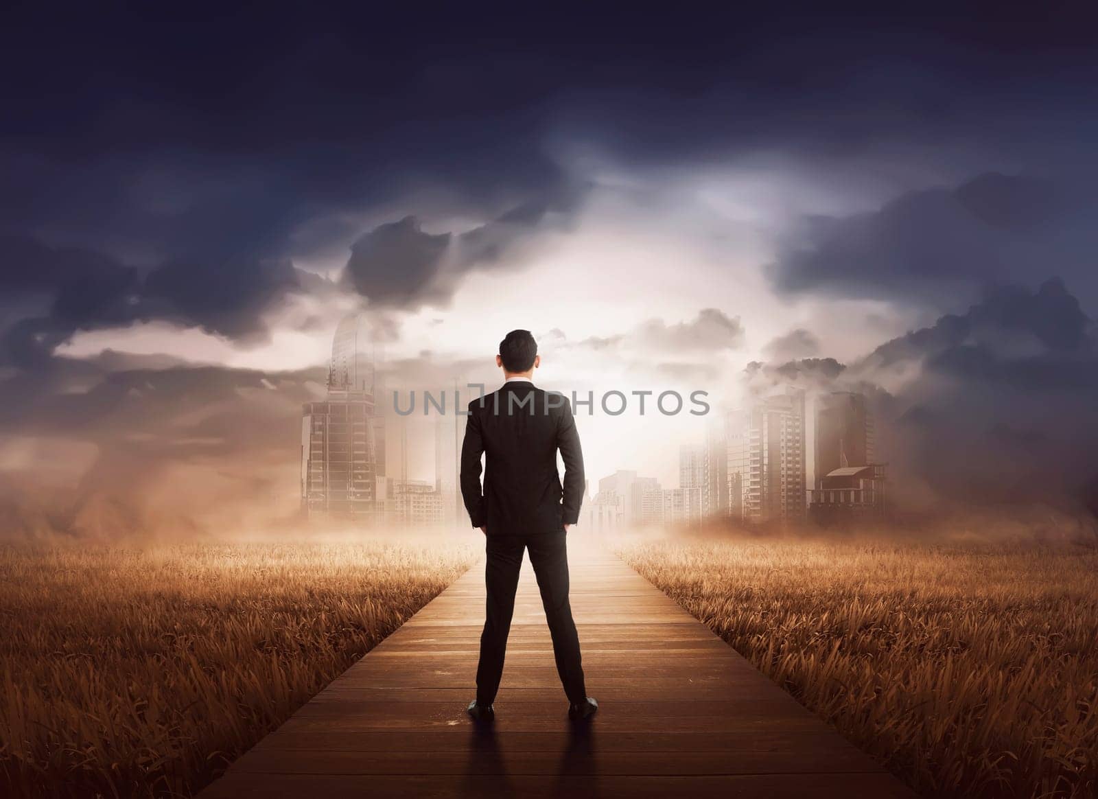 Young asian businessman walking to modern city on the meadow