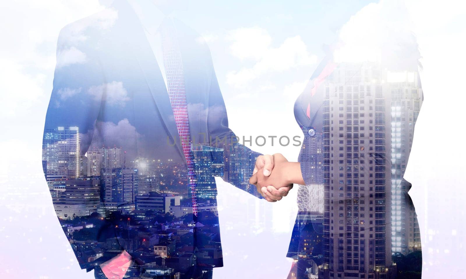 Business man and woman hand shake with multi exposure background