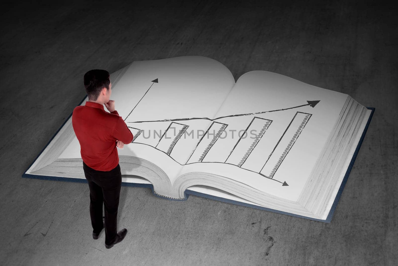Business person looking book with rising chart page. Business knowledge concept