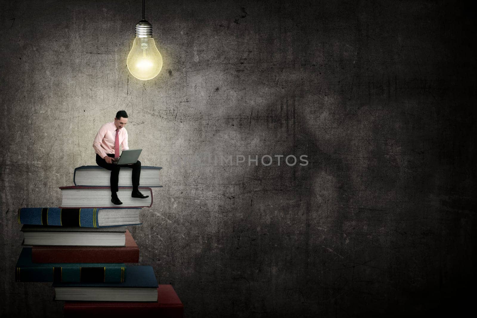 Asian business person working with laptop sit on top of book. Idea and knowledge concept
