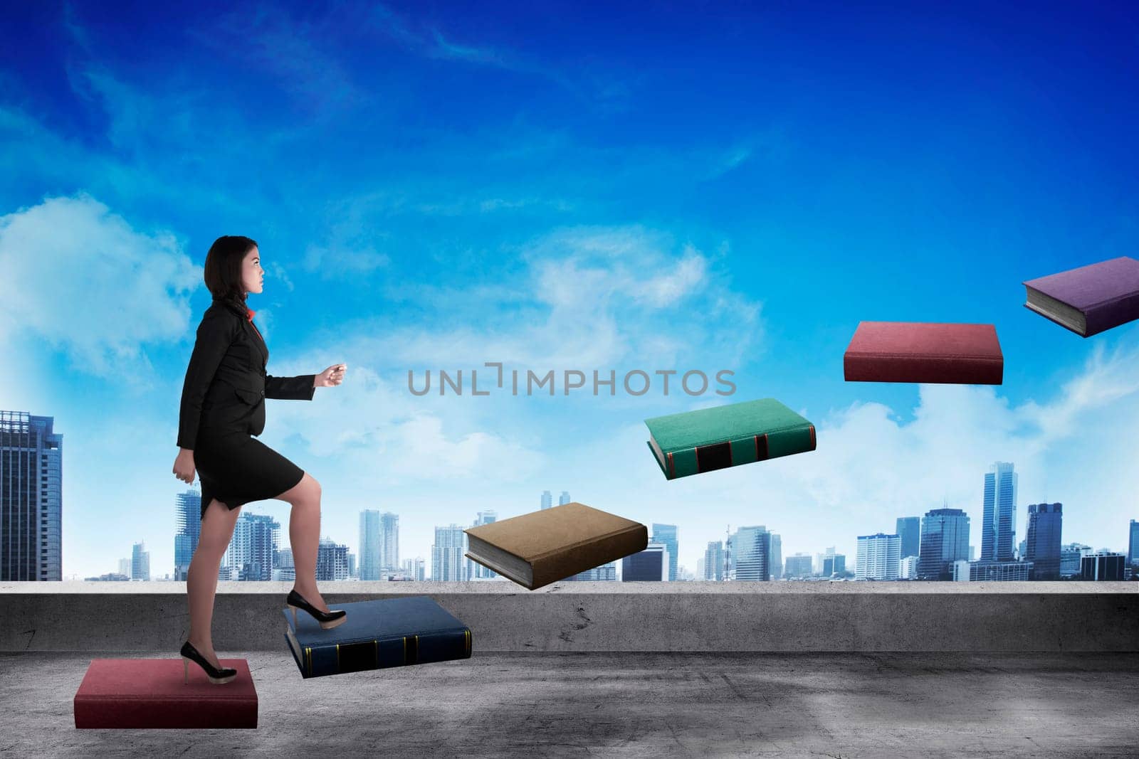 Business person step up flying book that look like stair. Career and education concept