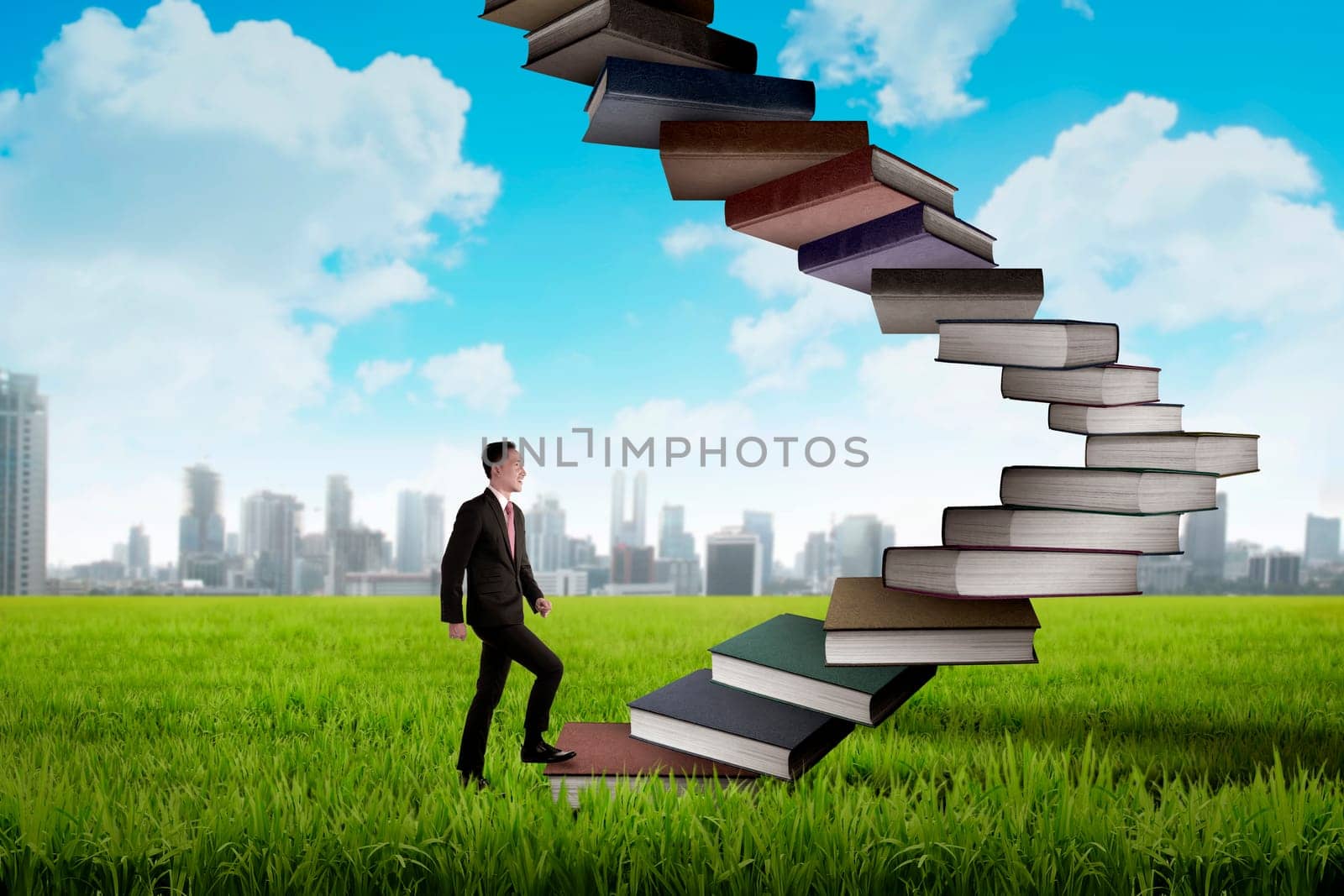 Business person step up flying book that look like stair. Career and education concept