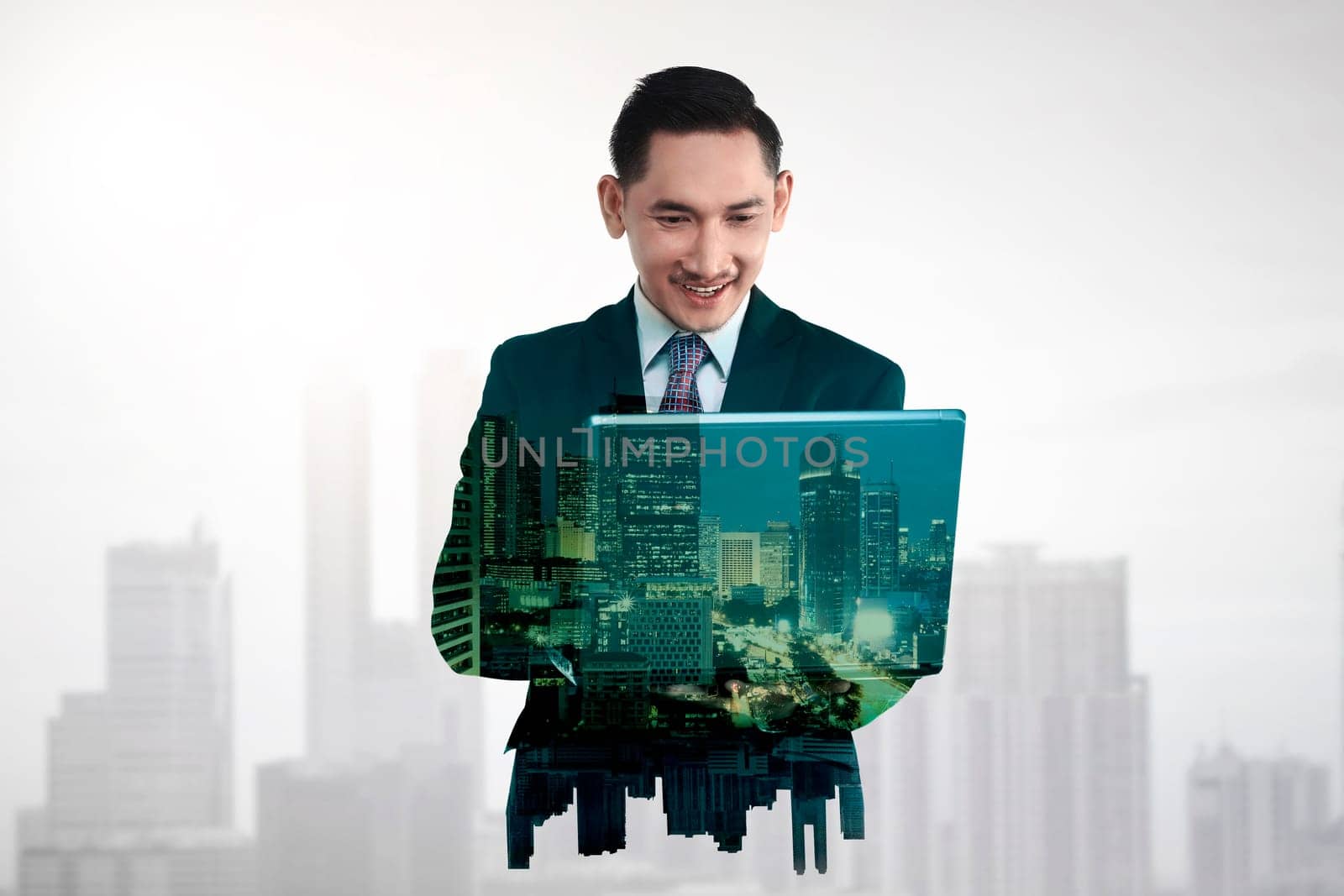 Business man with multiple exposure holding tablet computer. Business technology concept