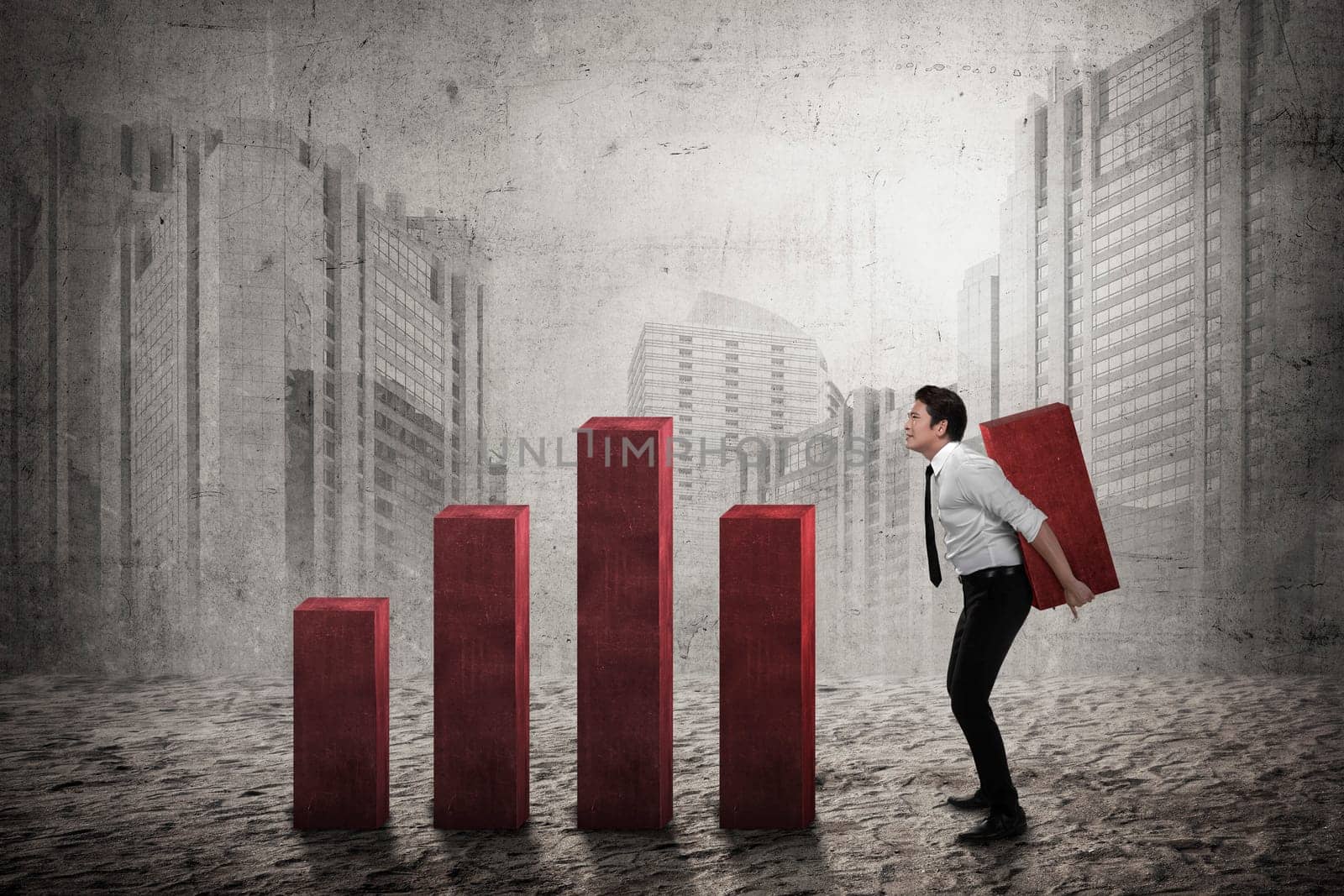 Asian business man carry heavy chart bar. Business development concept