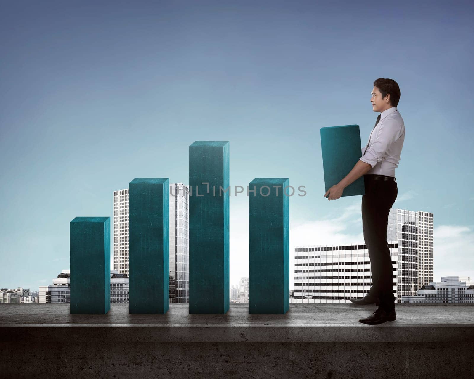Asian business man carry heavy chart bar. Business development concept