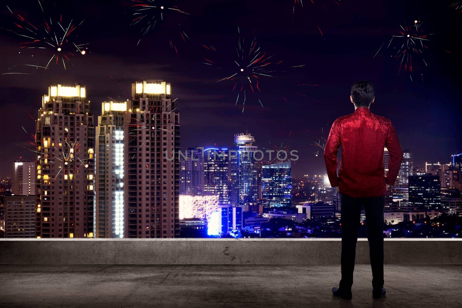 Back view of man looking the city celebrate chinese new year