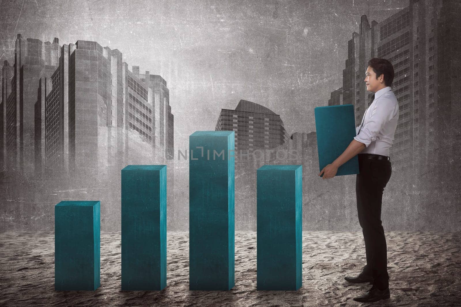 Asian business man carry heavy chart bar. Business development concept