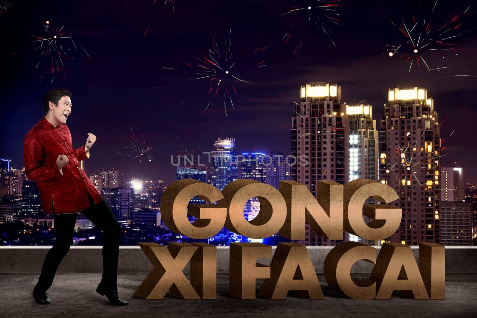 Chinese man saying gong xi fa cai. Happy chinese new year concept