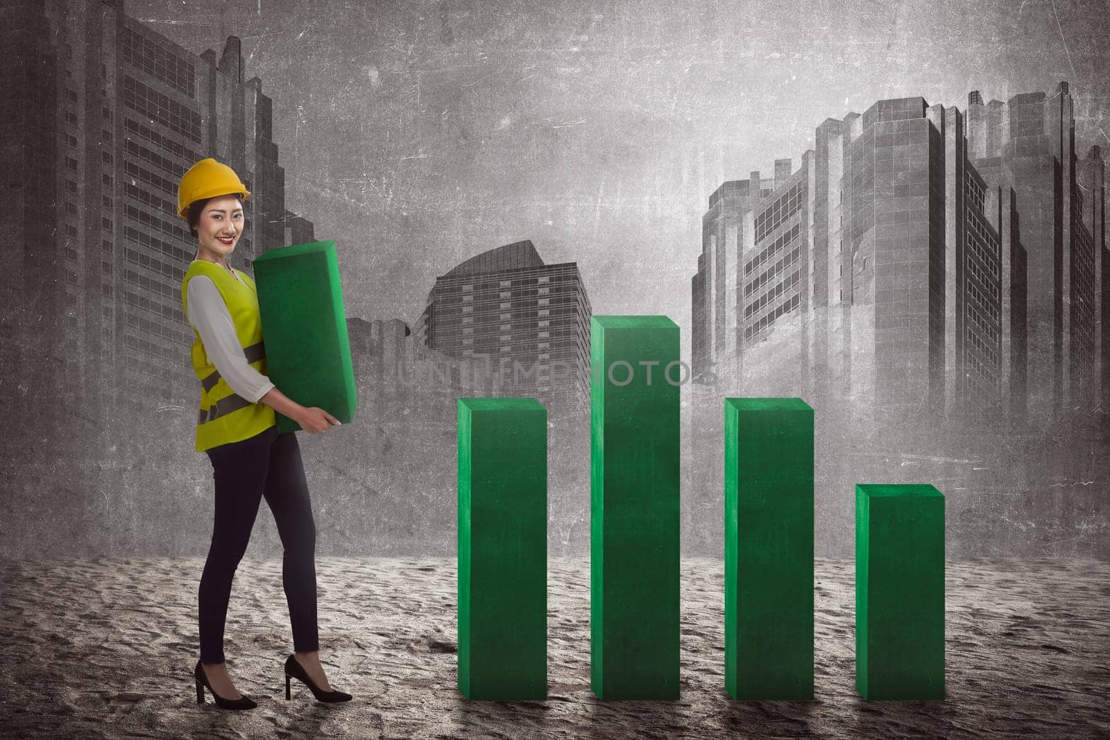 Asian business woman lifting block of chart. Business challenge concept
