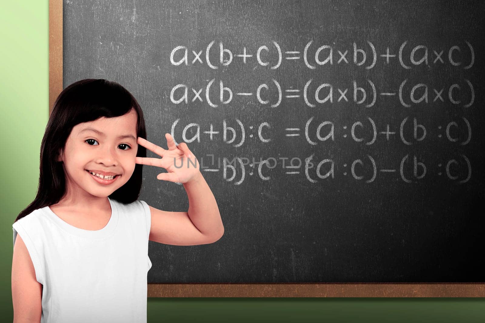 little schoolgirl with green chalkboard with math formulas