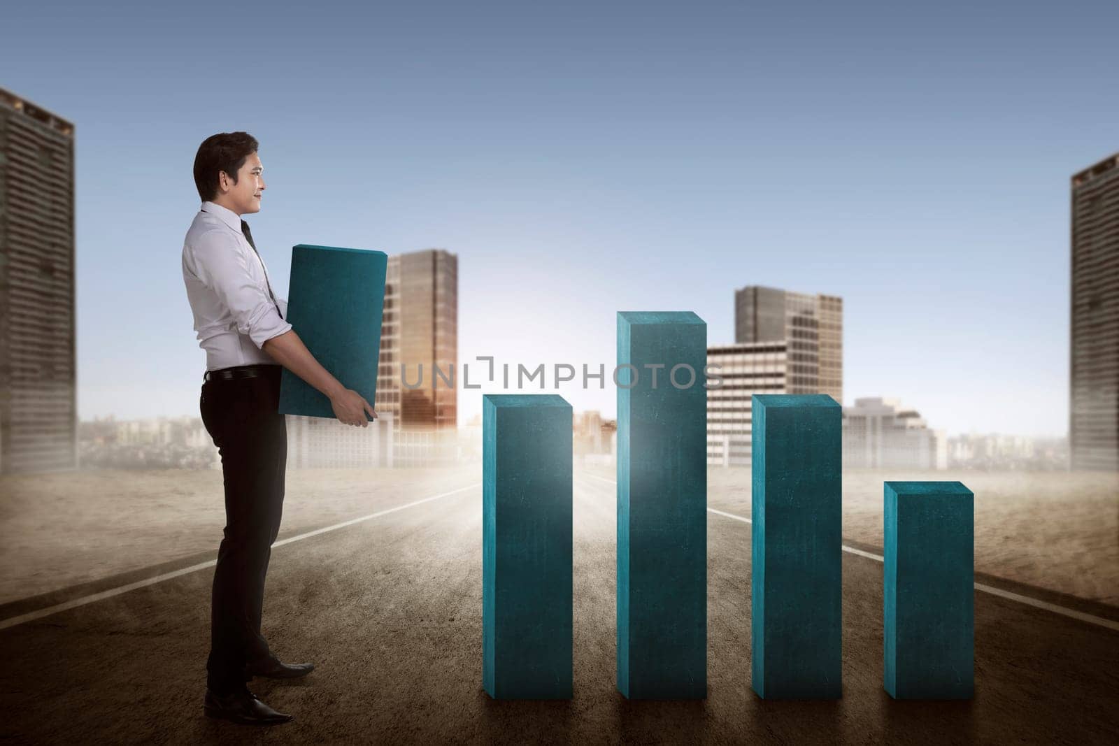 Asian business man carry heavy chart bar. Business development concept