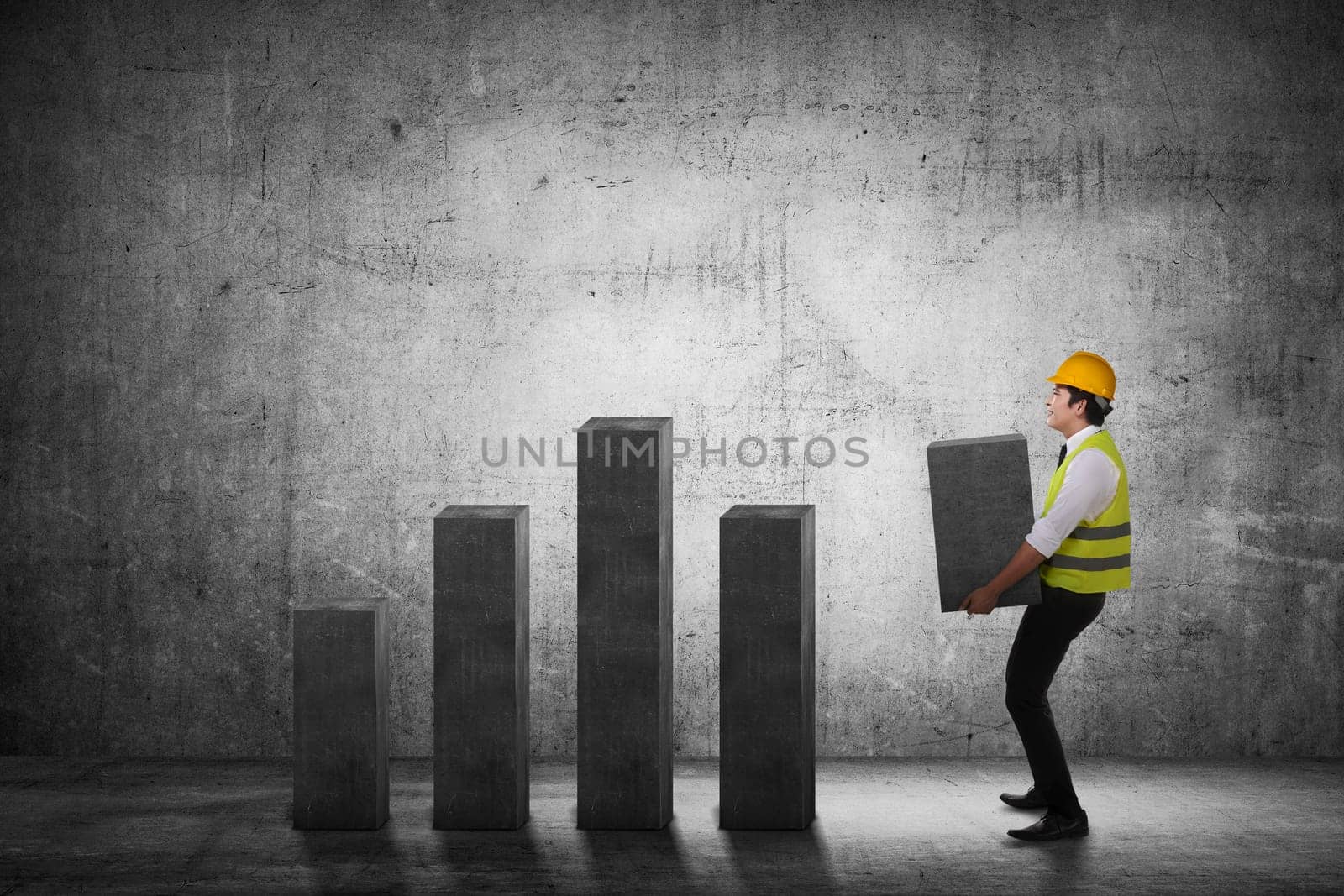 Asian business man carry heavy chart bar. Business development concept