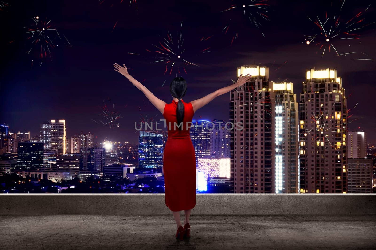Back view of woman looking the city celebrate chinese new year