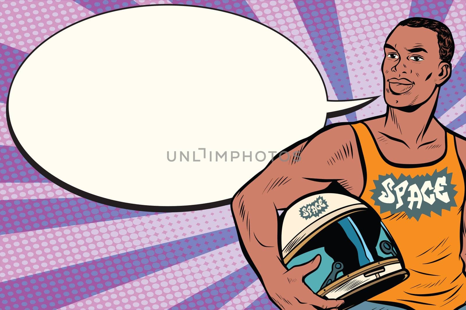 strong African man with an astronaut helmet. Pop art retro vector illustration