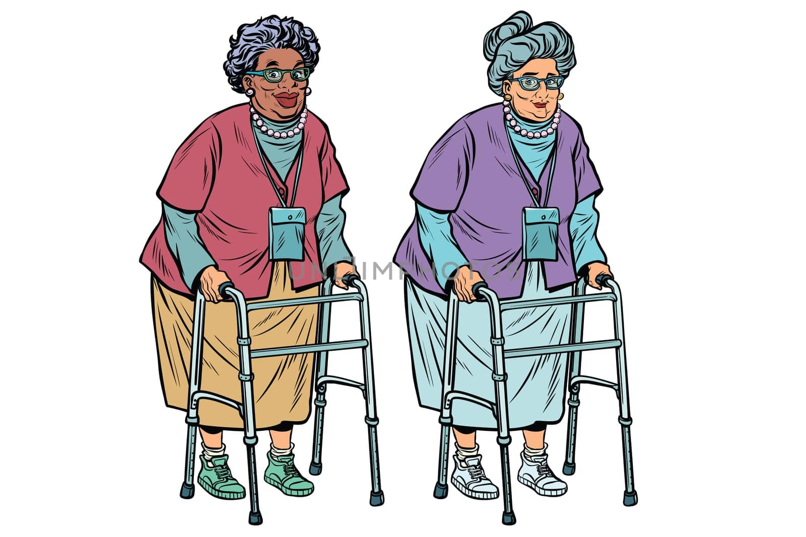 African and Caucasian old ladies with walker. active lifestyle of seniors. Pop art retro vector illustration