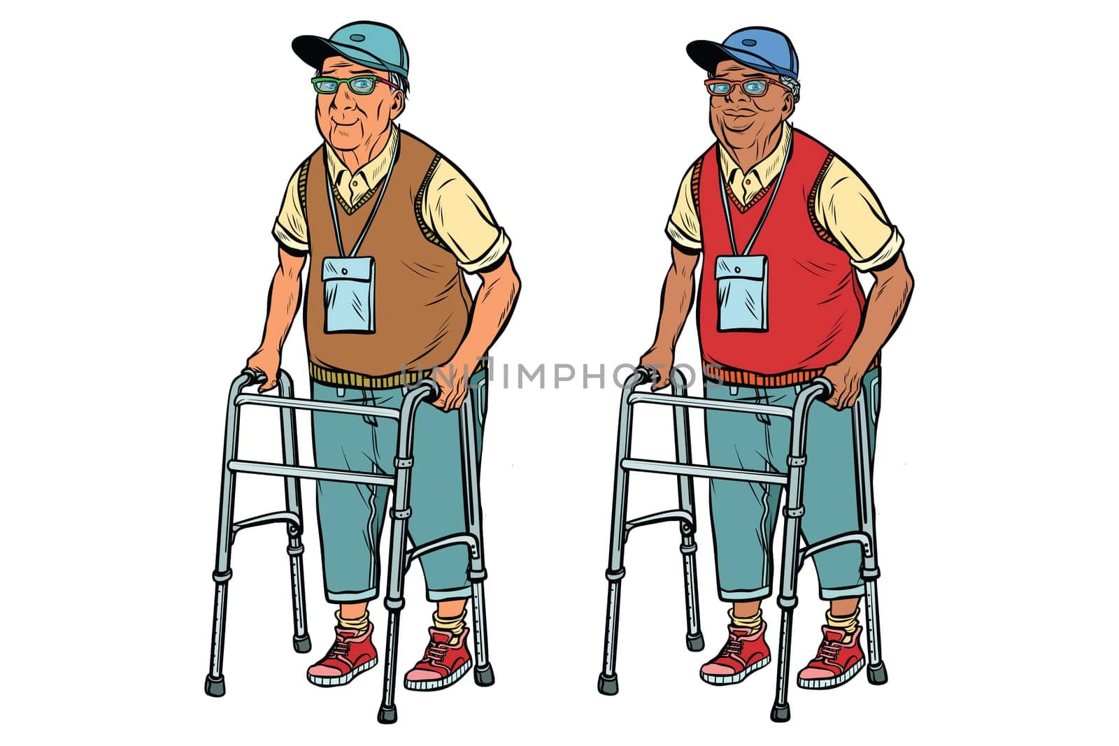 African and Caucasian elderly with walker. active lifestyle of seniors. Pop art retro vector illustration
