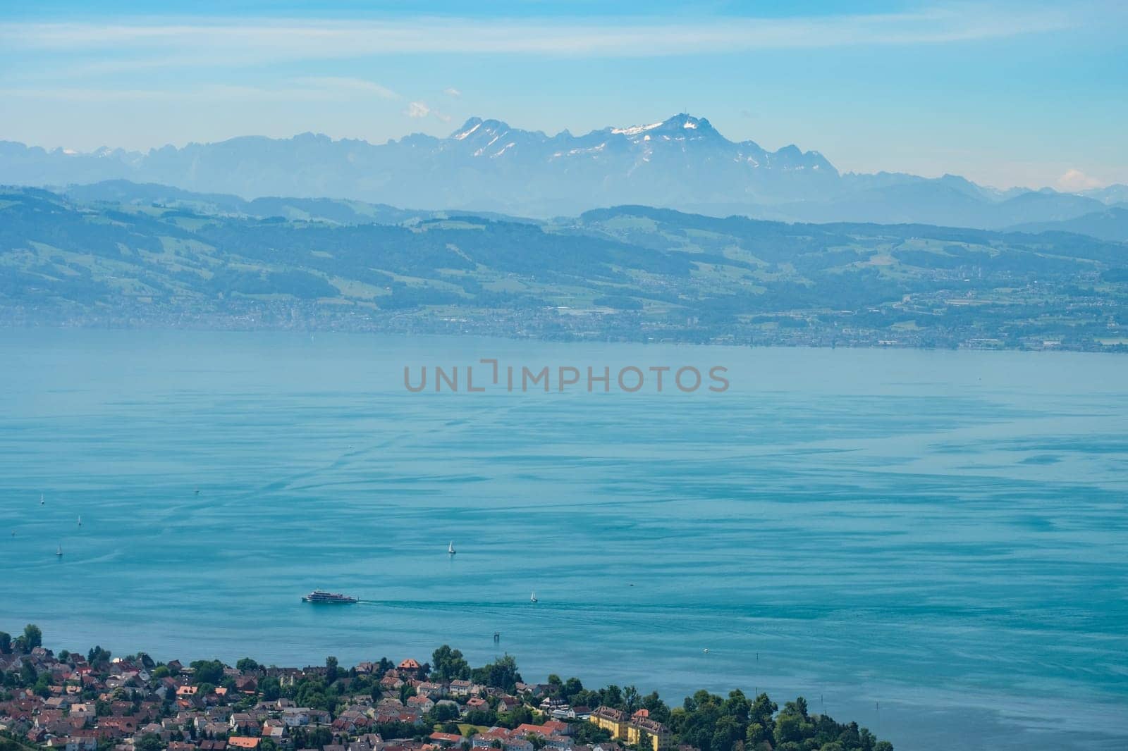 Aerial view of Lake Constance with a view of the Säntis in Switzerland