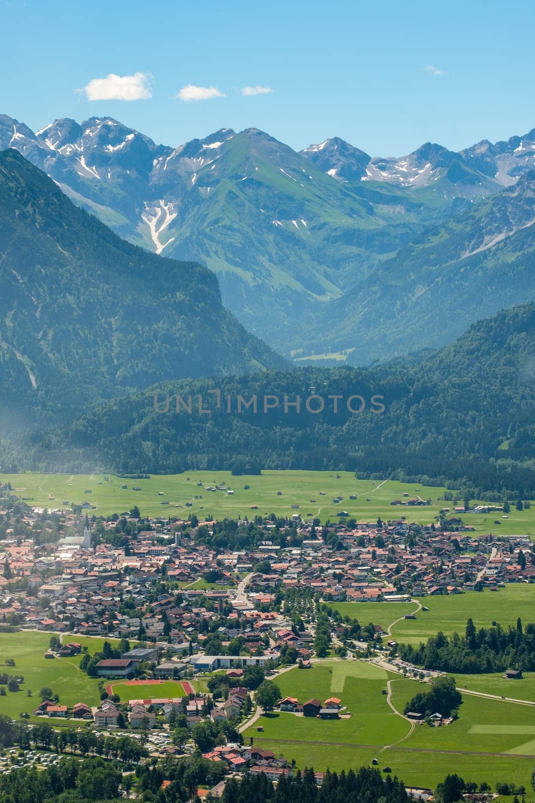 Aerial view of Oberstdorf in the Allgäu with mountains in portrait format