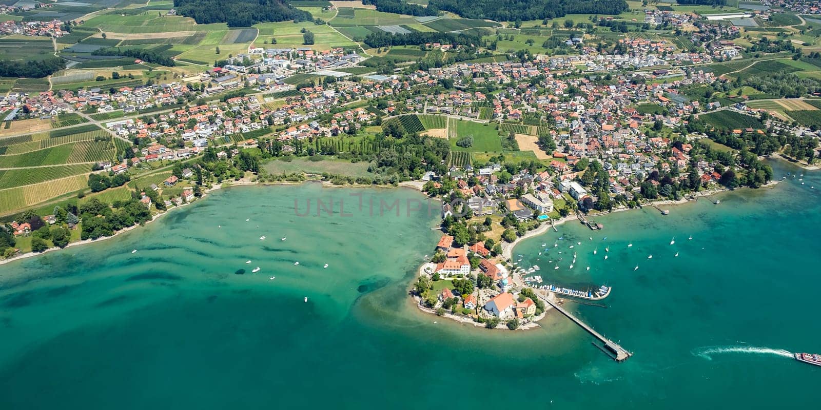 Aerial view of the municipality of Wasserburg in Bavaria on Lake Constance with harbour