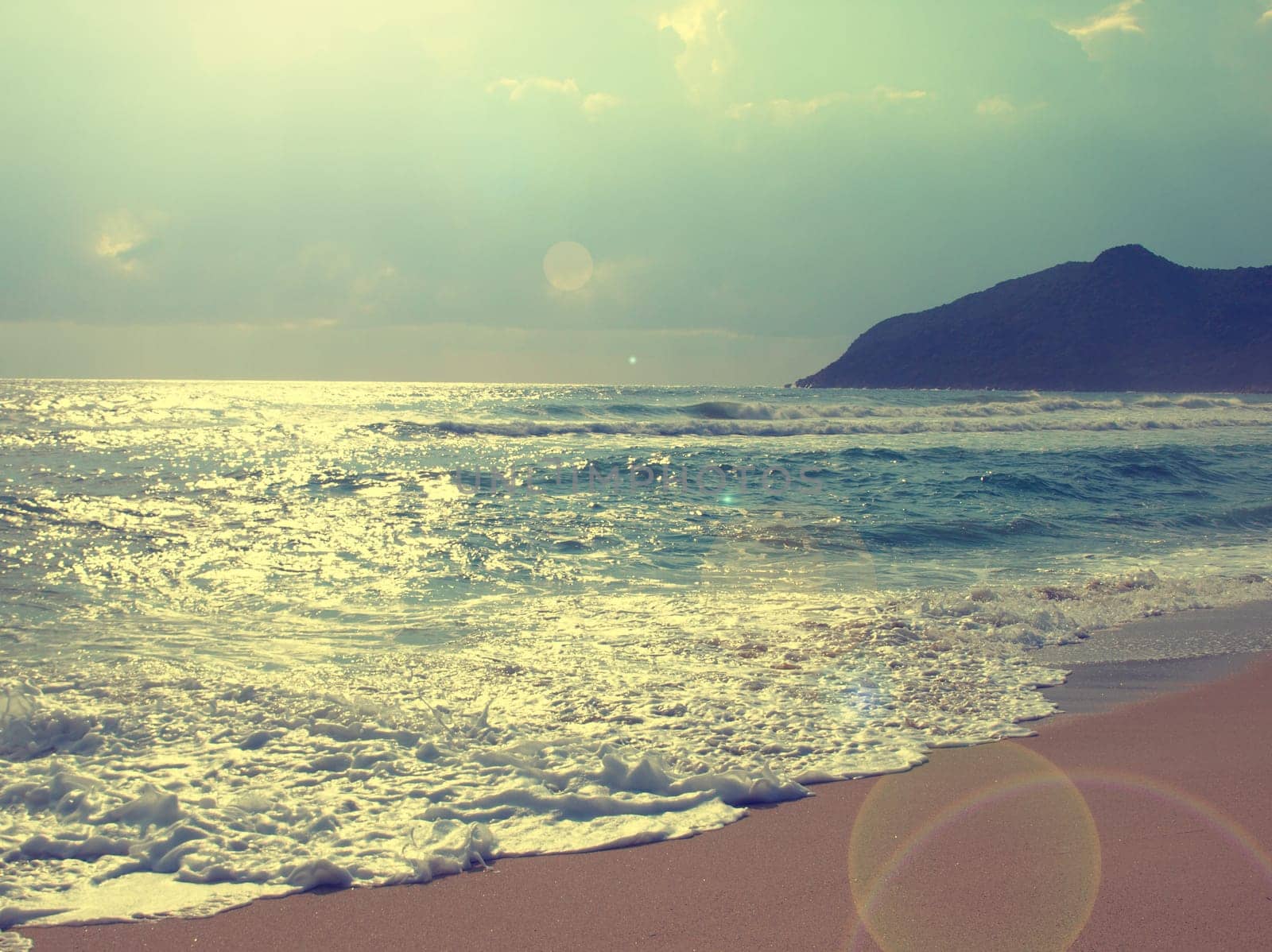 Vacation or travel background with a beautiful beach on summer, retro film stylized