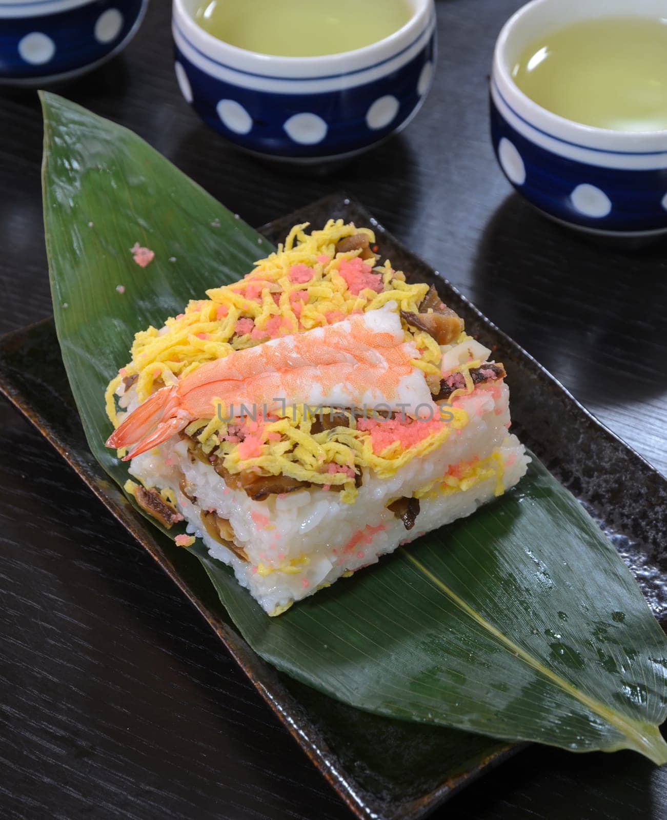 Shrimp sushi with green tea, japanese cuisine