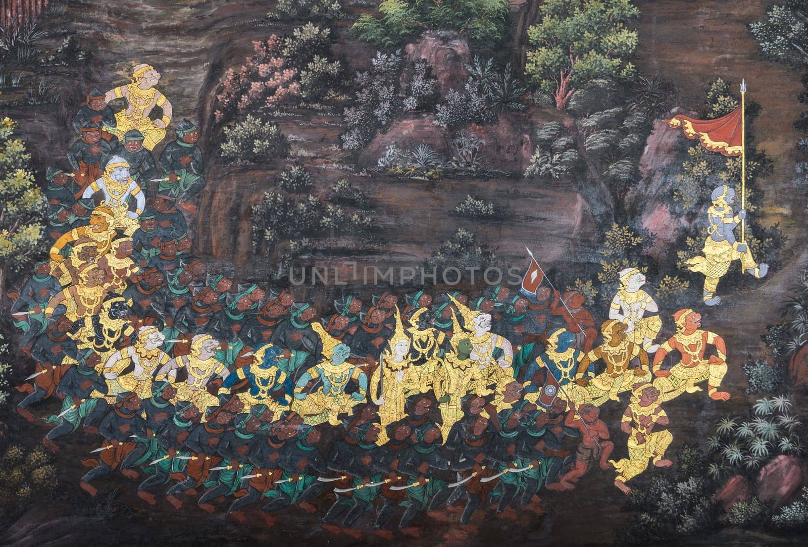 Ancient Thai mural painting of Ramakien epic inside of Wat Phra Kaew (Temple of the Emerald Buddha) in Bangkok, Thailand. The Ramakien is national epic of Thailand derived from the Indian Hindu Ramayana epic.