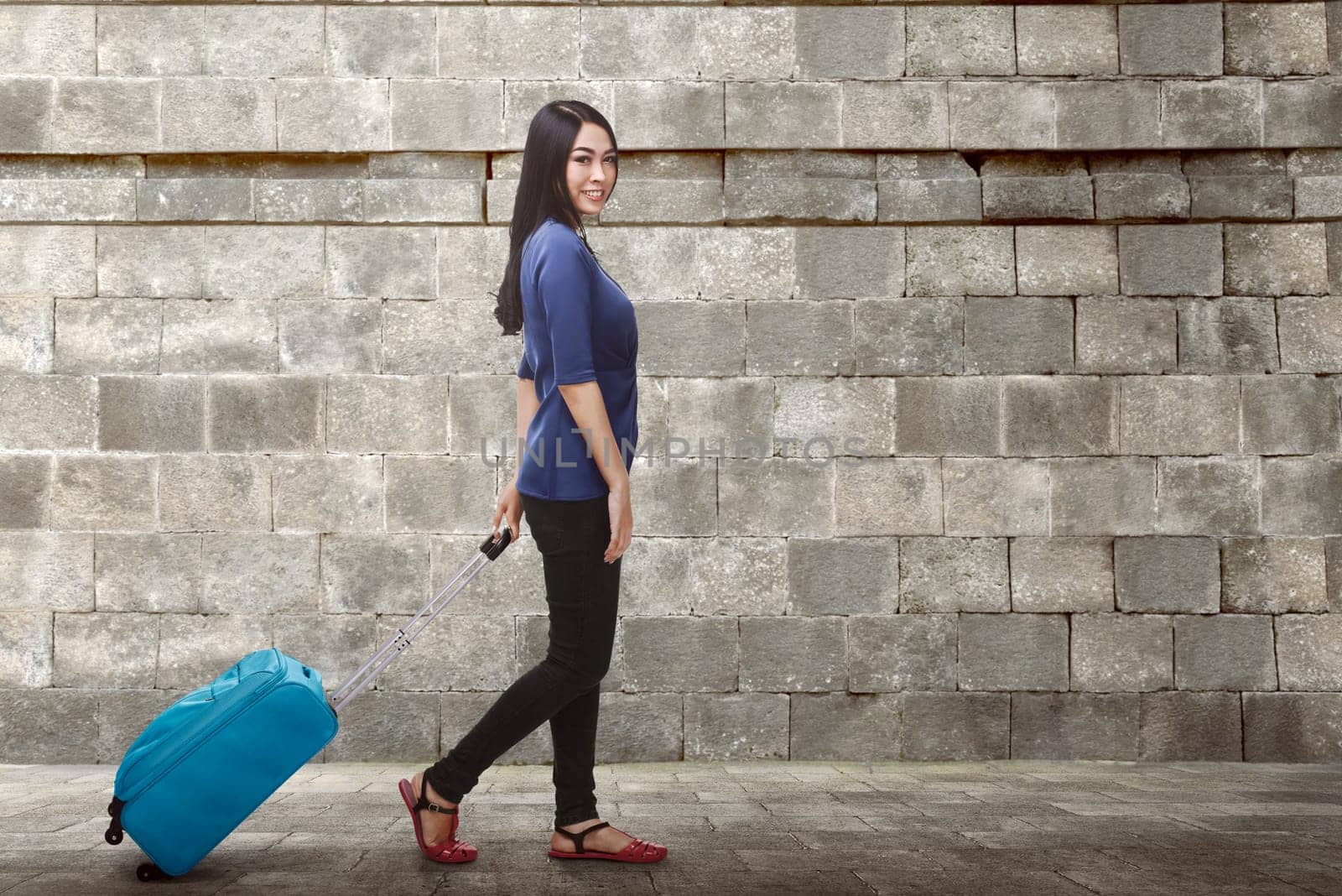 Portrait of asian traveler woman carrying luggage walking on the temple