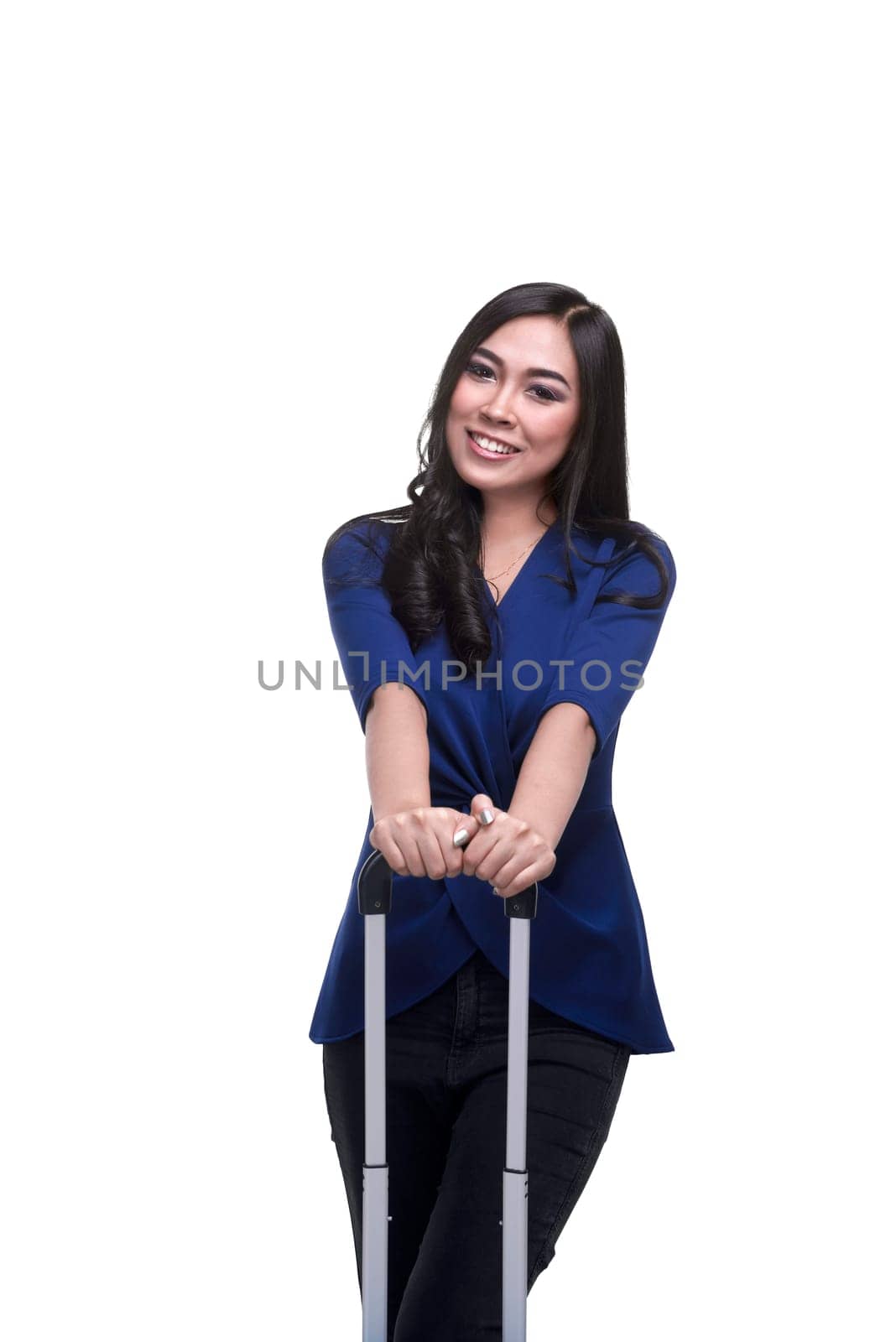 Beautiful asian woman holding suitcase isolated over white background