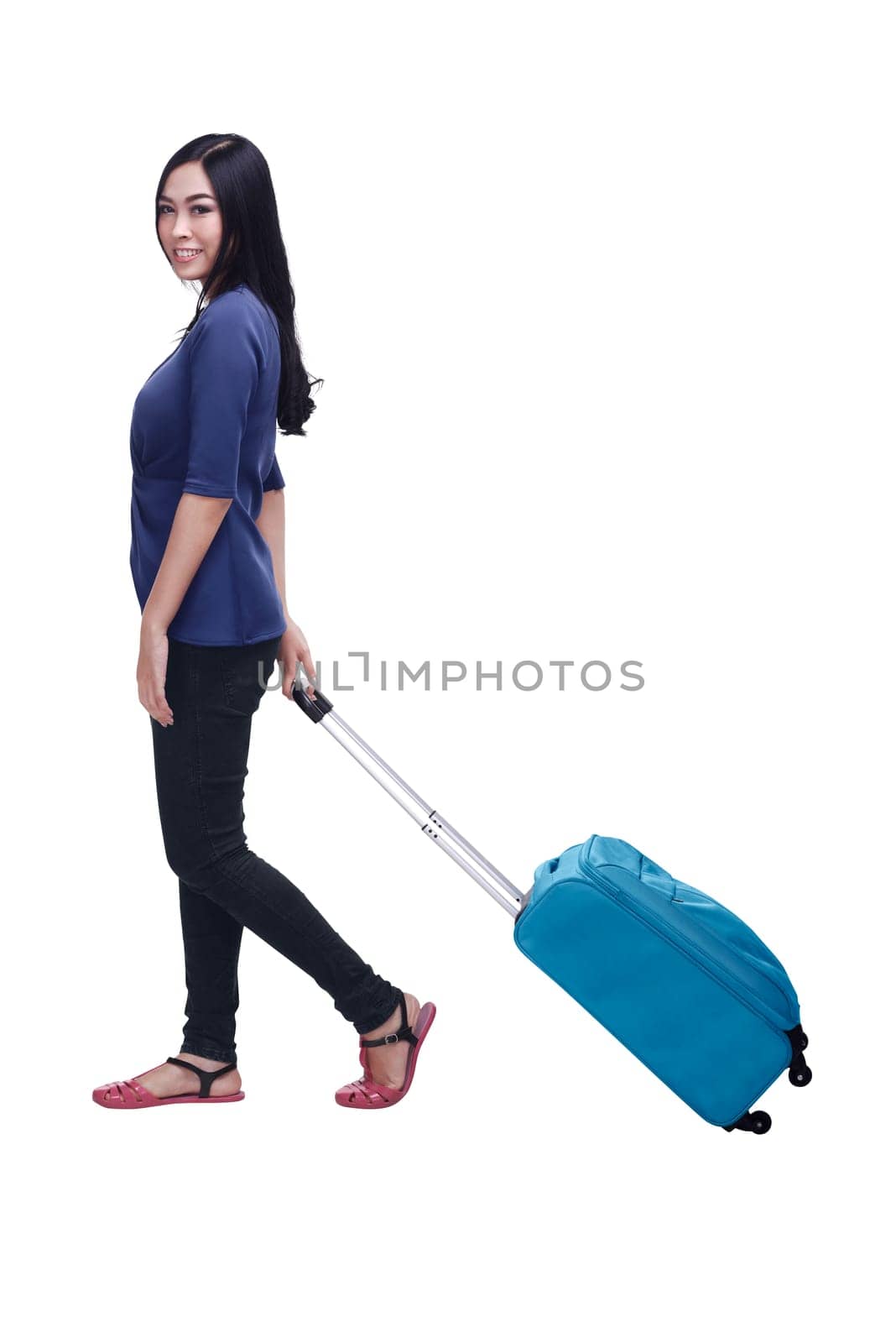 Beautiful asian woman going trip with suitcase isolated over white background