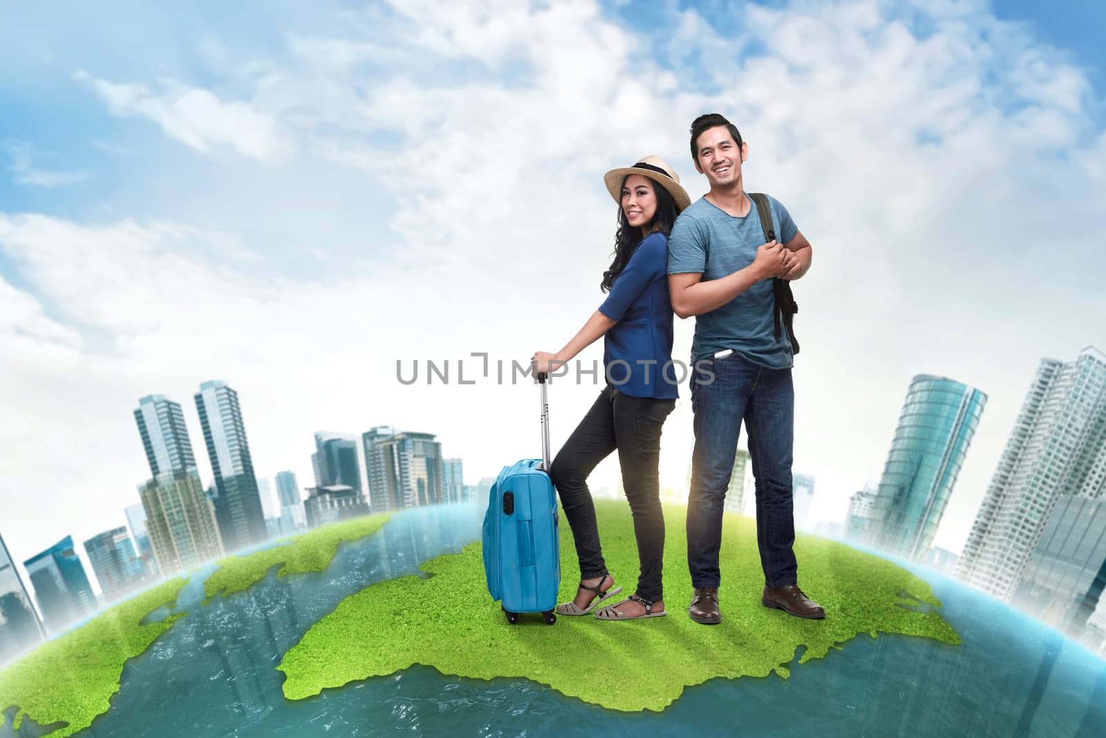 Young asian traveler couple carrying baggage with futuristic background