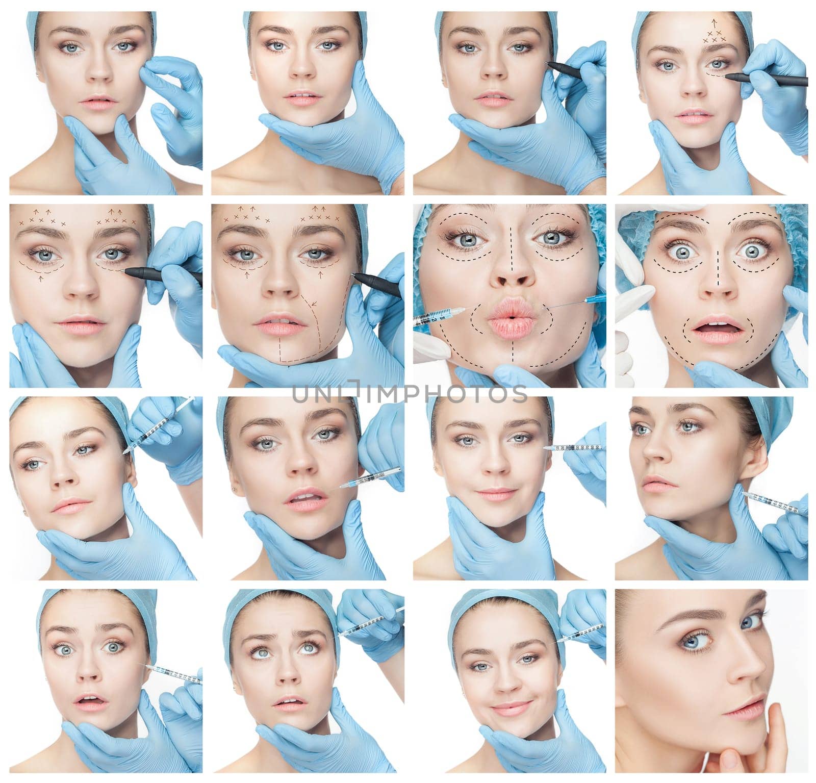 Attractive woman at plastic surgery with syringe in her face. Collage