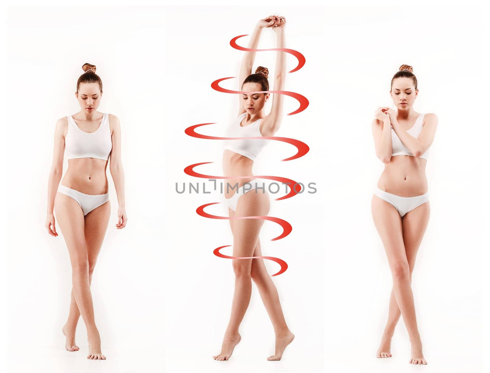 Female body with a cycle arrows. Fat lose, healthy eating and nutrition concept. Collage
