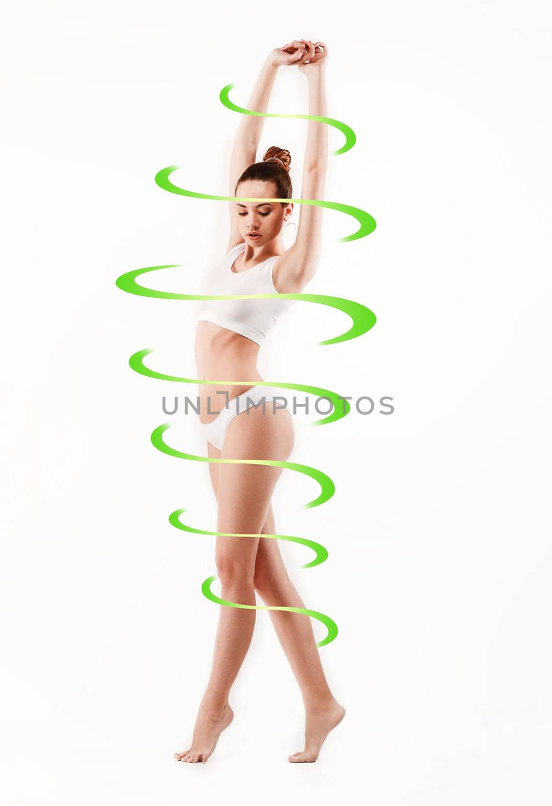 Female body with a cycle arrows. Fat lose, healthy eating and nutrition concept. Collage