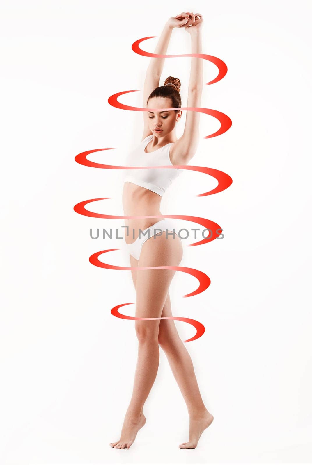 Female body with a cycle arrows. Fat lose, healthy eating and nutrition concept. Collage