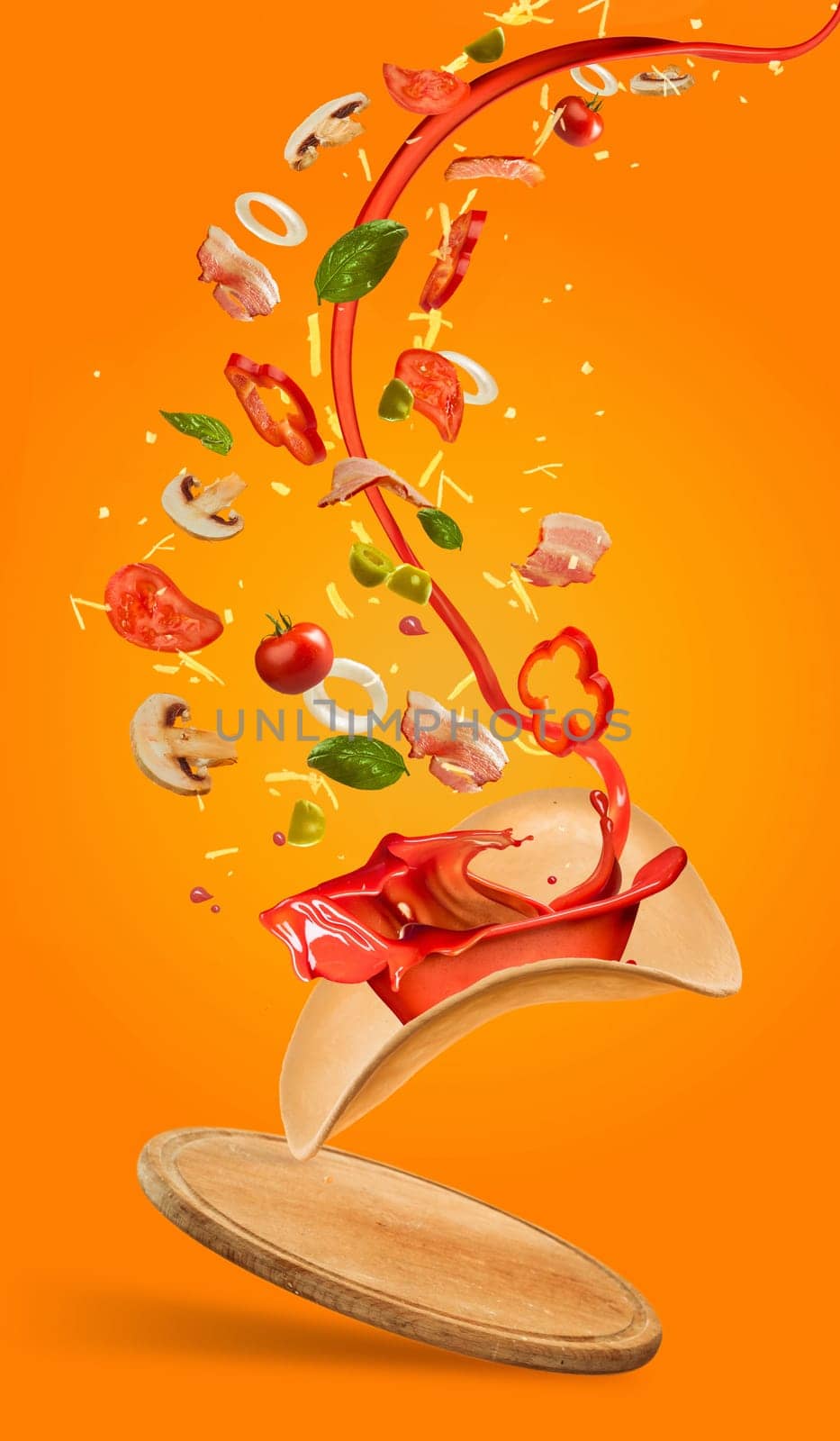 Tasty pizza and falling ingredients on orange background. Collage