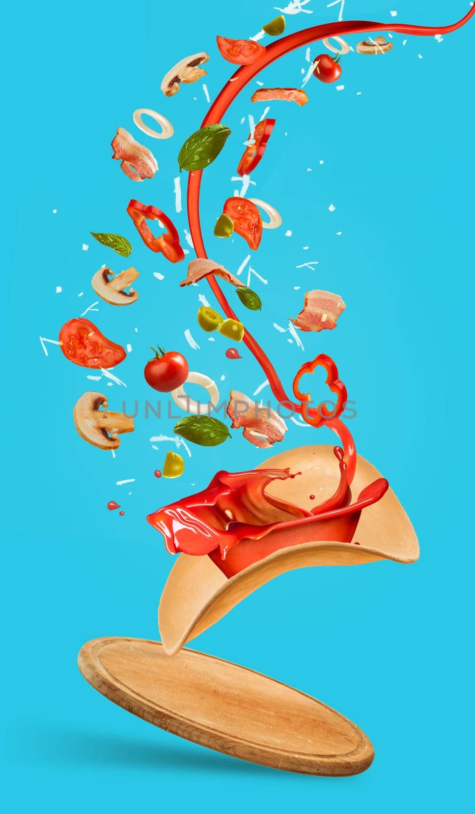 Tasty pizza and falling ingredients on blue background. Collage