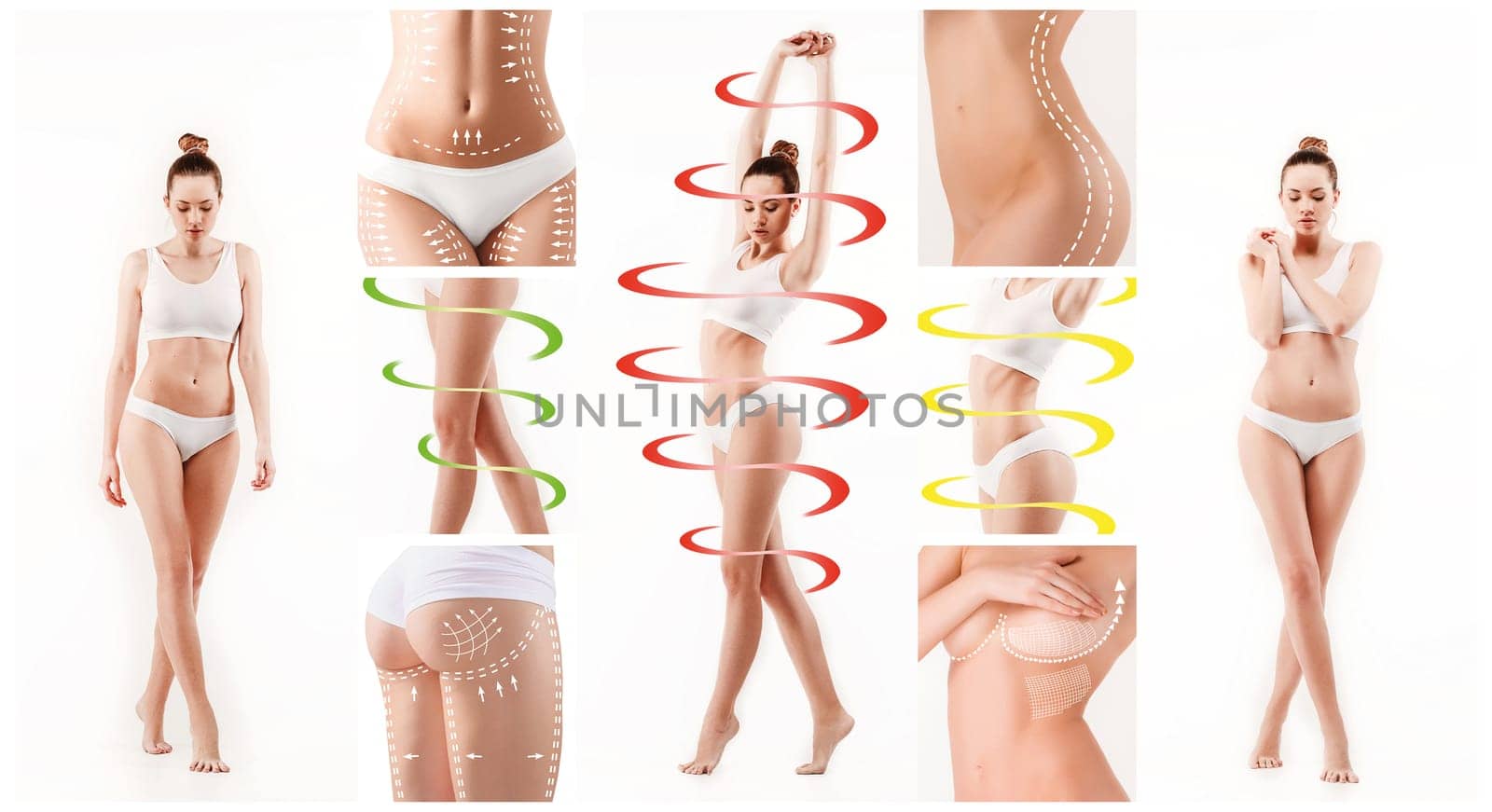 Female body with a cycle arrows. Fat lose, healthy eating and nutrition concept. Collage
