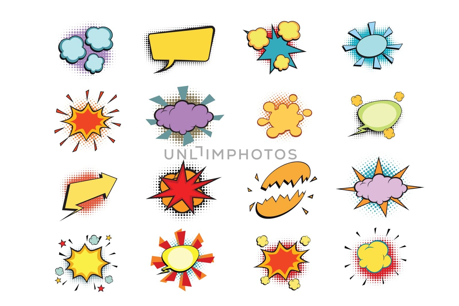 set of colored comic book bubbles isolated on white background. Pop art retro vector illustration