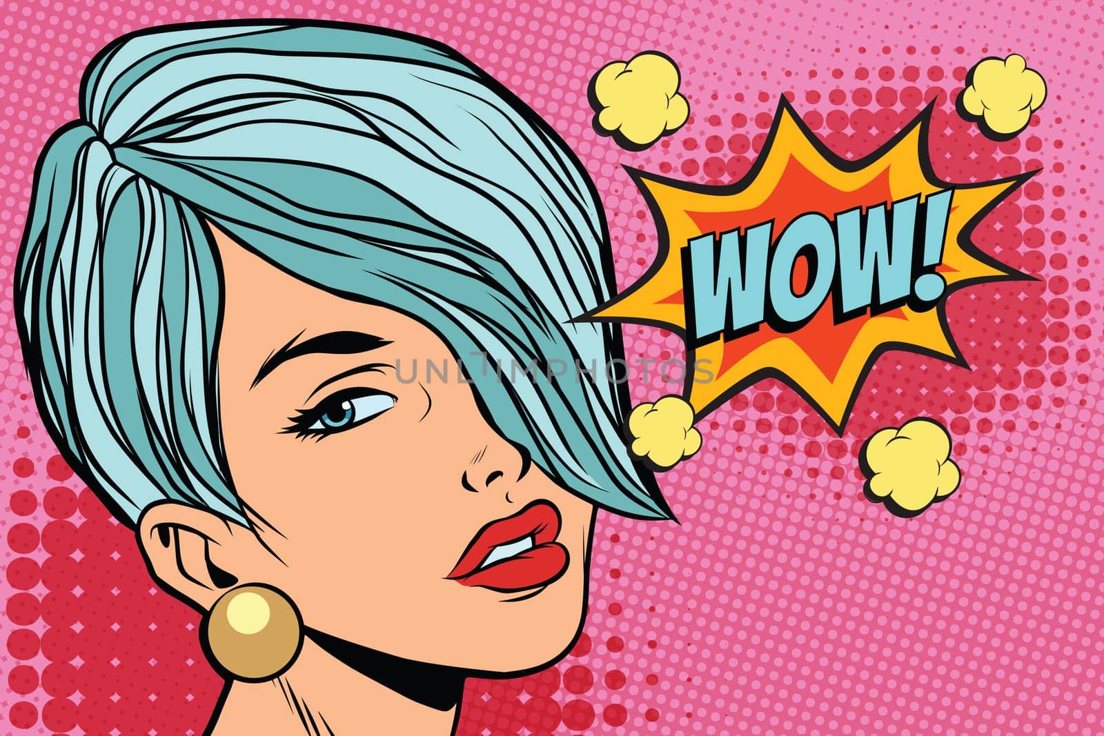 short hair beautiful girl wow. Pop art retro vector illustration