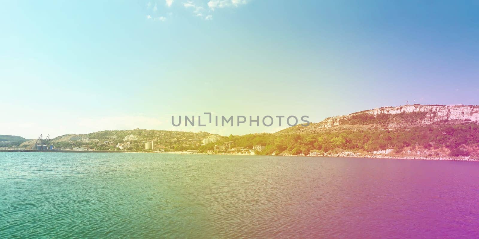 Colorful panoramic view of the coast of Black Sea, Balchik city, Bulgaria.