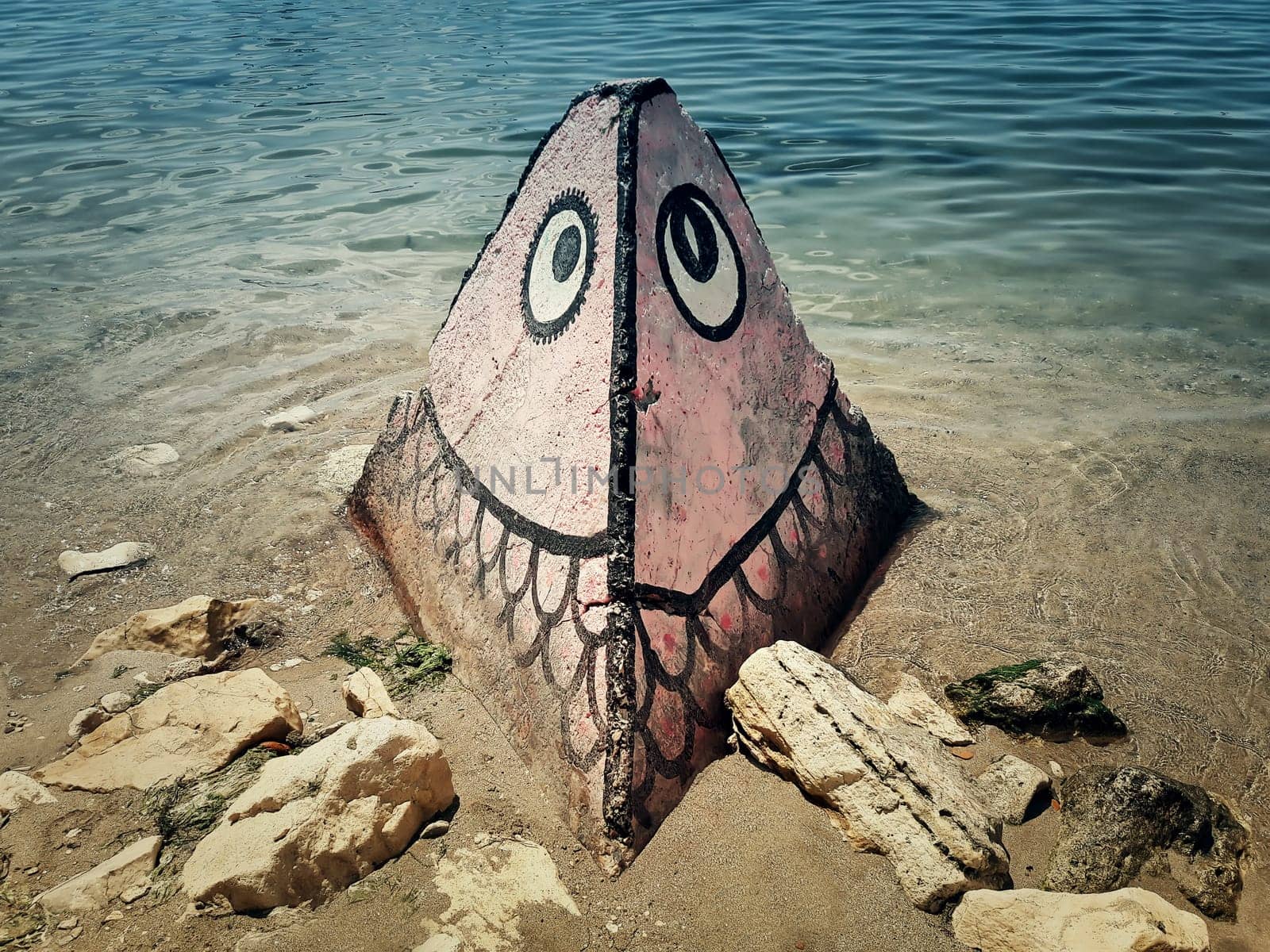 A big stone with graffiti standing on the beach shore near the water