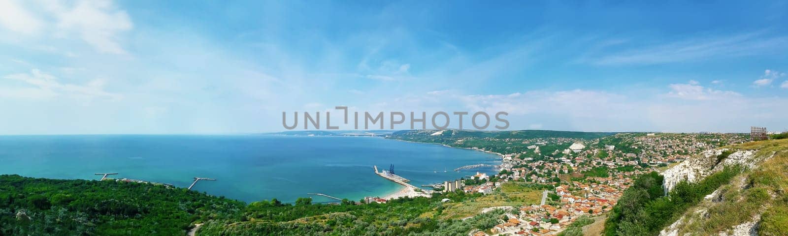 Beautiful panorama of the coast of the Black Sea in Balchik city, Bulgaria. Vacation and holiday screensaver