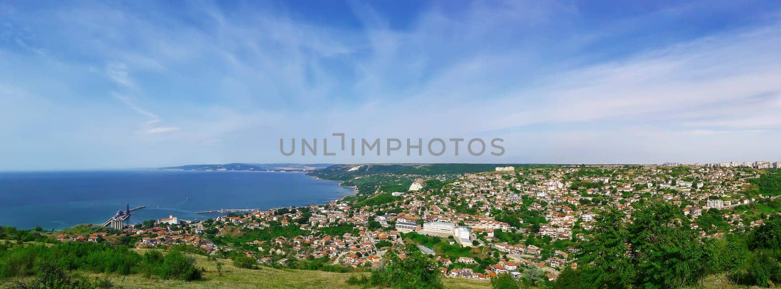 Beautiful panorama of the coast of the Black Sea in Balchik city, Bulgaria. Vacation trip, travel concept