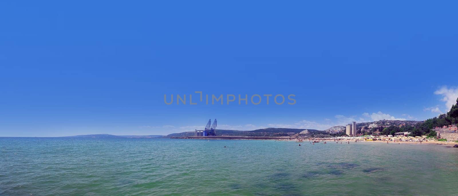 Summer vacation background with the seashore panoramic view of the coast of Black Sea, Balchik city, Bulgaria