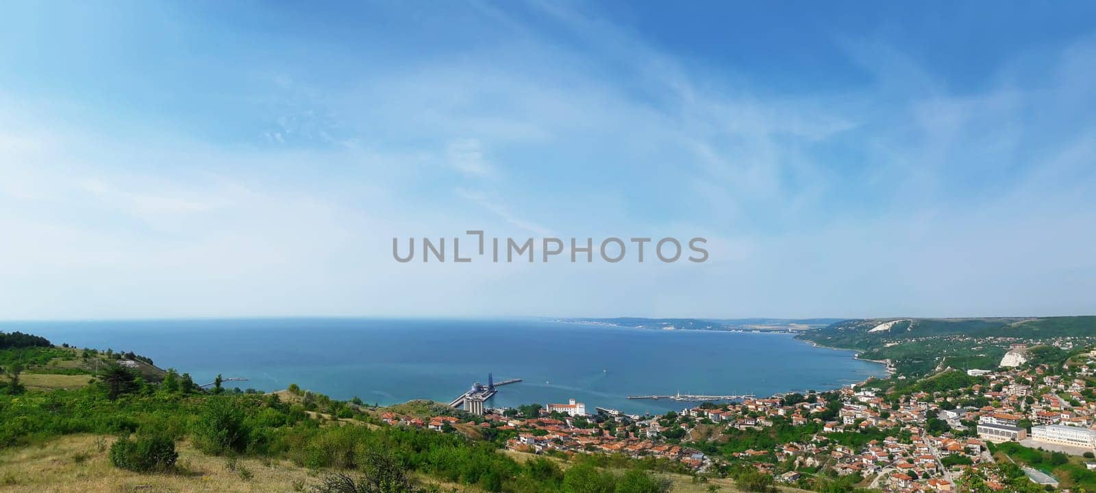 Beautiful panorama of the coast of the Black Sea from the peak of Balchik city, Bulgaria. Holiday, recreation, travel concept